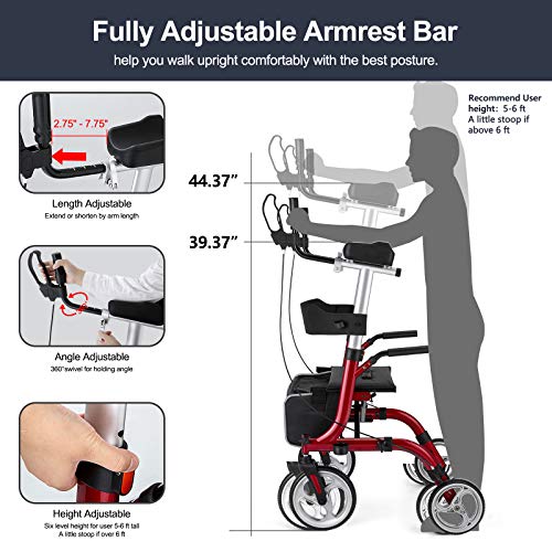 Rinkmo Upright Rollator, Upwalker Lite for Seniors and Adults Stand Up Folding Rollator Walker with Seats and 10” Wheels, Padded Armrest and Backrest, Tall Rolling Mobility Walking Aid with Basket,Red - Thumbnail 5