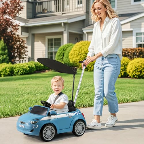 Image of OLAKIDS Push Car for Toddlers, 3 in 1 Licensed Fiat 500e Baby Sliding Walking with Parent Control Handle Adjustable Canopy Footrest, Kids Ride on Toys with Horn for Boys Girls (Blue)
