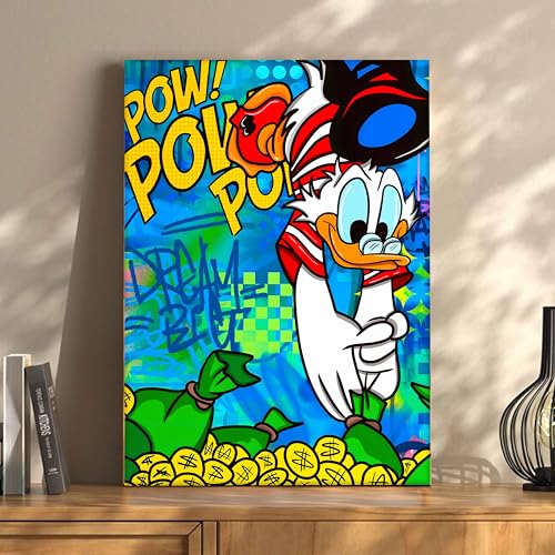 Image of Pop Art Cartoon Duck Money Canvas Wall Art Painting For Living Room | Comic Graffiti Style Art Print Painting | Modern Street Wall Art for Home & Office, 41x56 cm