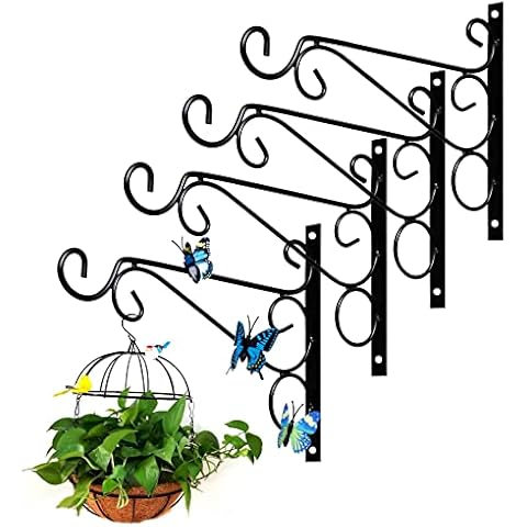 PandS Hanging Basket Hooks, Plant Hangers Outdoor for Hanging Plant Pots, Bracket Wall Hangers Decor with Blue Butterflies, 10 Inch Hook 4 Pack Black Cover