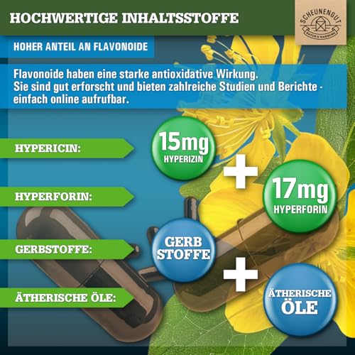 Johanniskraut Kapseln -180 Stück je 5000mg- WICHTIG: 10:1 Extrakt (=5000mg reines Johanniskraut) PLUS Hypericin & Hyperforin I Zertifiziert Laborgeprüft & Vegan -DE- SCHEUNENGUT®