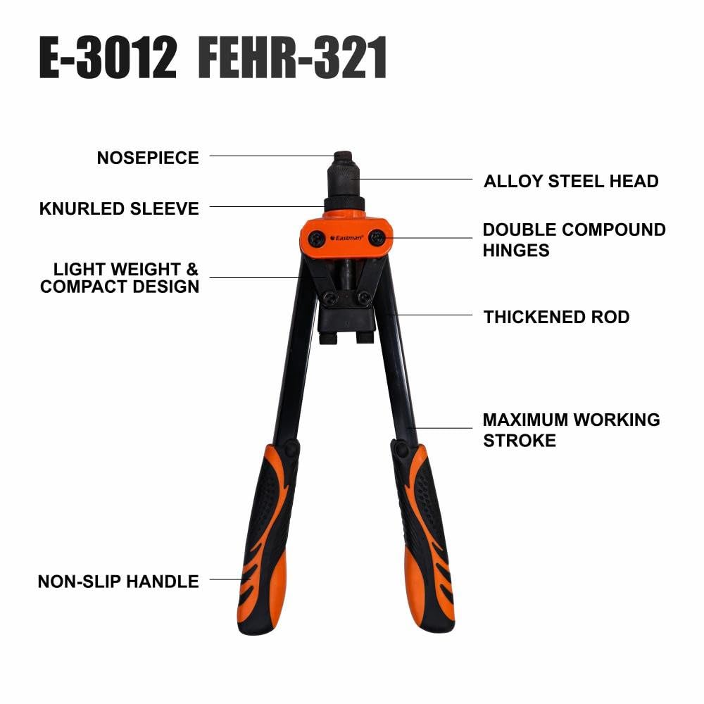 Eastman Hand Riveters 321 mm Pop Rivet Gun Fast Hitting Professional Chrome Handled Riveting Tool for Metal Furniture Automotive Home Workshop (E-3012) 1