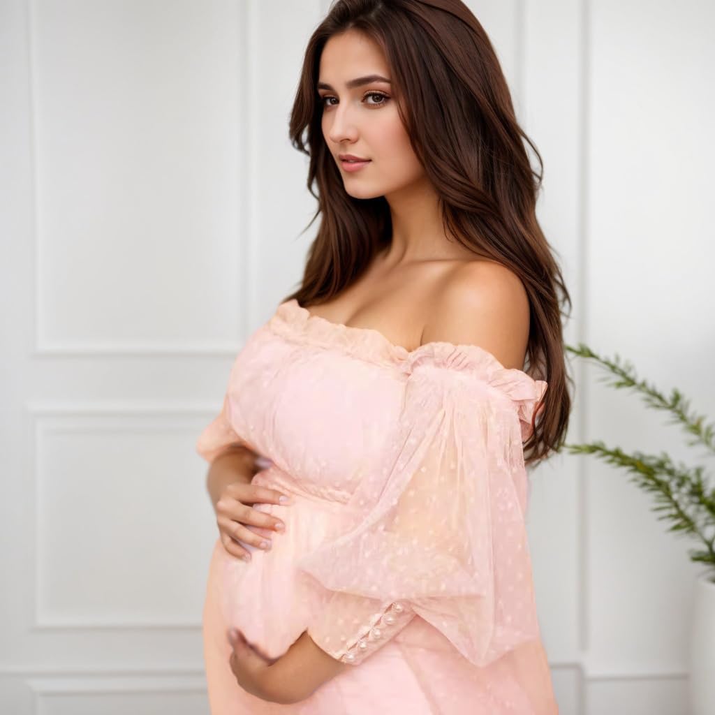 Maternity Dress for Photo Shoot-Lace Maternity Evening Gown for Baby Shower, Photography Long Puff Sleeve