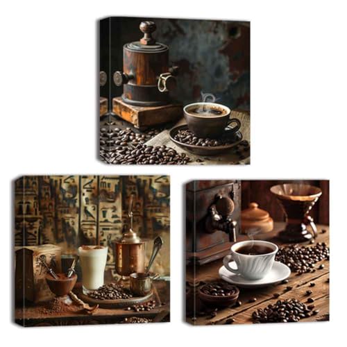 ZQQART 3 Piece Vintage Coffee Canvas Wall Art for Kitchen - Rustic Brown Coffee Bean Prints - Perfect Dining Room Decor (Black, 12.00"x12.00"x3Pcs)