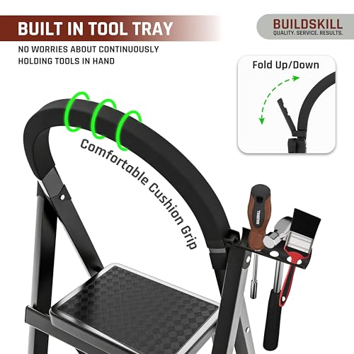 Image of BUILDSKILL Black 3 Step Ladder for Home Use with Built-in Tool Tray | Heavy Duty D Shape Rods | 20 x 30 cm Large Step with Rubber Pad | Secure Lock | 150Kg Capacity Foldable Ladder - 5 Years Warranty
