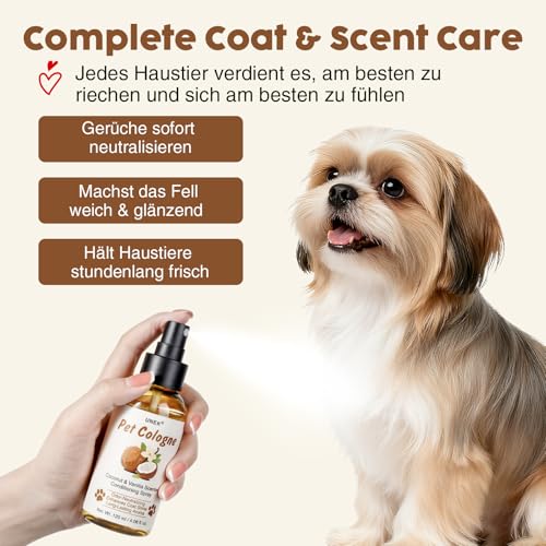Hundeparfüm Spray – Kokos & Vanille Duft, 2-in-1 Deodorant & Pflegespray mit leichter Entfilzungswirkung für Hunde und Katzen, langanhaltender Frischeduft, nicht klebend – 120 ml