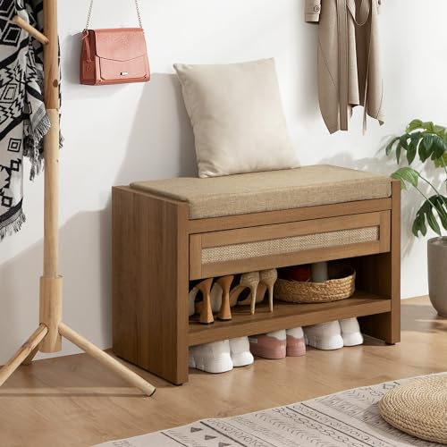Sicotas SSEWA10004OA Rattan Shoe Bench Entryway Bench With Storage Drawer And Linen Seat Cushion, Farmhouse Boho Shoe Rack Bench With Shelf, Wooden Storage Bench For Entryway Hallway And Bedroom, Natural Oak thumb #8