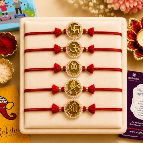 Image of CraftVatika Rakhi Set of 5 with Gift for Brother | Designer Rakhi for Brother Bhai Bhabhi Kids | Rakhis for Rakshabandhan | Gift Combo Set for Boy Men,Om Shiva Krishna Religious Rakhis