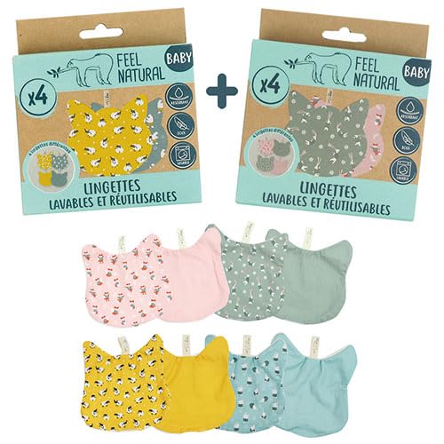 French Tendance - Kit 2 Lots de 4 Lingettes Bébé Chat - Idéal pour Hygiène, Toilette, Change Bebe - Matière Éponge Ultra Douce, Nettoie en Douceur - Lingette Bebe Réutilisable, 100% Coton - Feel Natural
