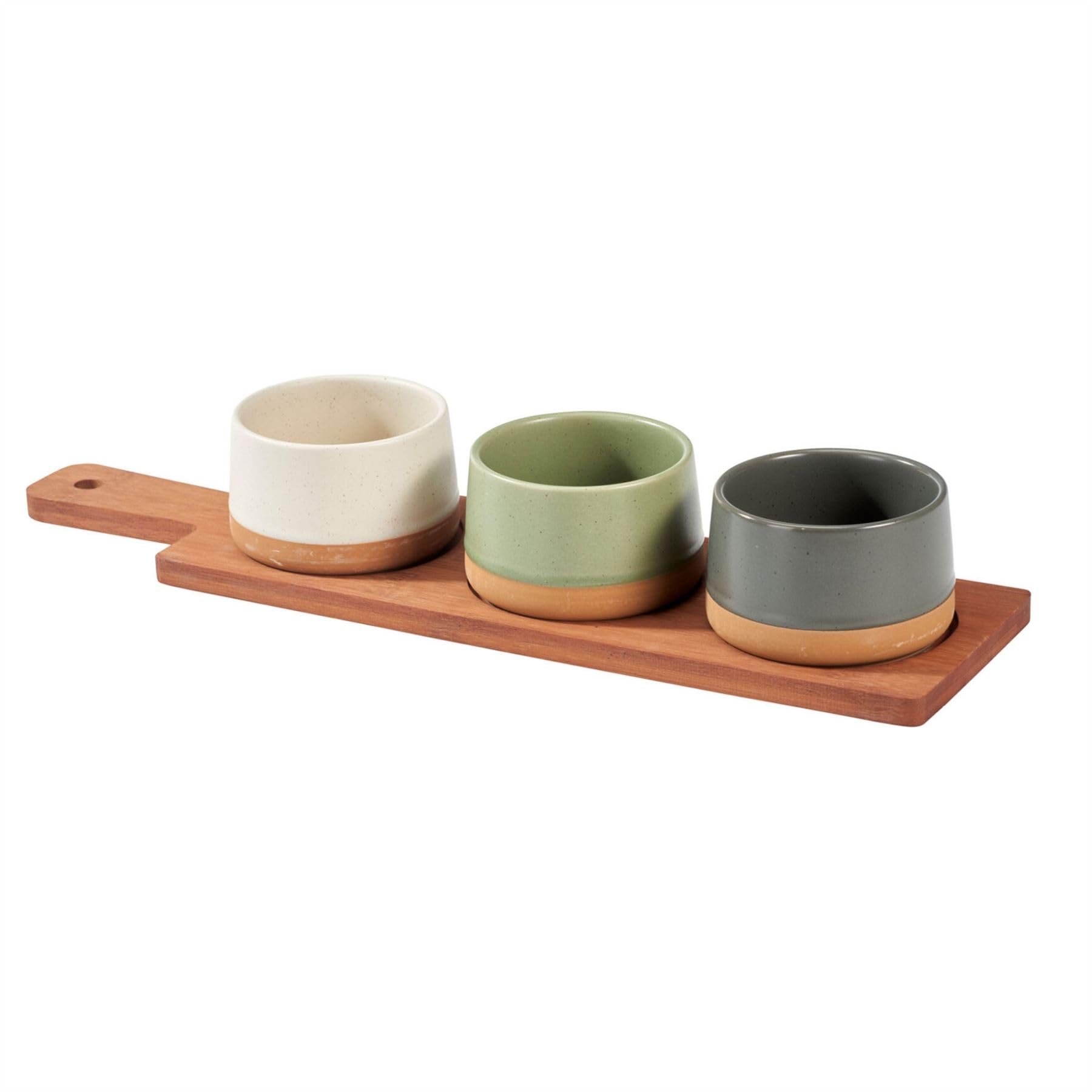 Carousel Home 4-piece Stoneware Dip Bowls and Tray Set, 3 Snack Bowls with Wooden Serving Tray, Nibbles Serving Platter