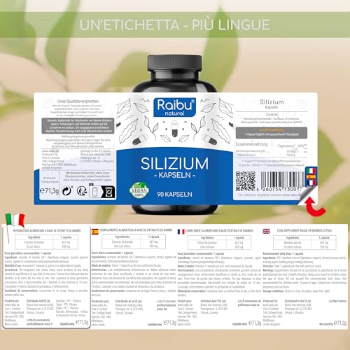 Silicio ad alta concentrazione di Raibu: 90 capsule per 3 mesi - 667mg di silice organica estratta dal bambù per capsula - Senza aggiunte, prodotto in Europa, vegano - 3