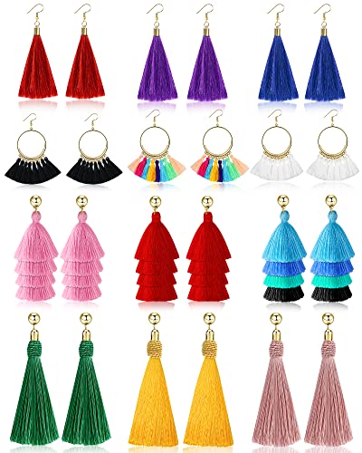Outee 12 Pairs Long Tassel Earrings for Women Fashion Bohemian Earrings Colorful Layered Long Thread Ball Dangly Earrings Tiered Drop Earrings Jewelry Valentine Birthday Party Gifts