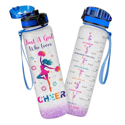 GEPOSTORE Cheerleading Motivation Water Bottle 32oz With Time Marker & Strap Tritan Plastic Sports Bottle For Gym School Practice Cheerleader Team Gift