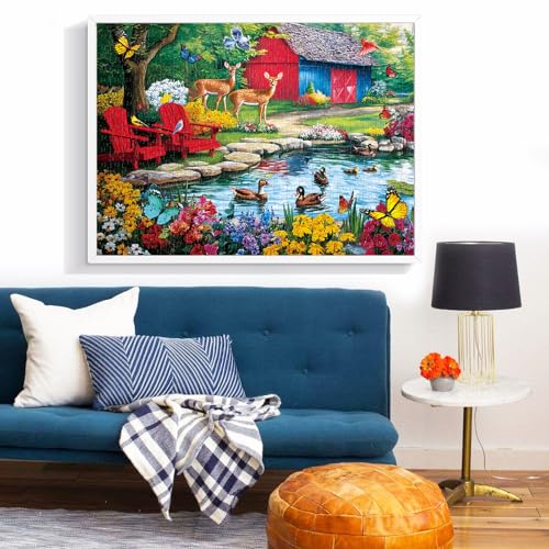 Rompecabezas de 500 piezas para adultos, 'Country Pond Oasis', con patos y ciervos junto a una cabaña rural, hecho de cartón reciclado, tamaño final 20,5 x 15 pulgadas miniatura 6
