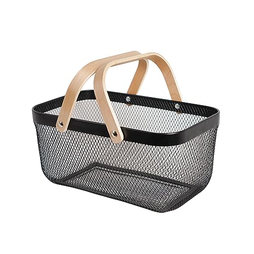 SANHSEHOME Metal Mesh Steel Harvest Basket, Rectangle Wire Garden Basket with Handle – Multi-Functional Storage Organizer for Gathering Vegetables, Fruits, Kitchen, Garden, Picnic & Cabinet (Ebony)