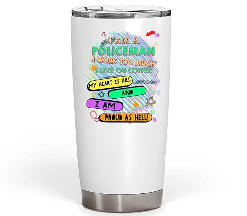 Gift for Law Enforcement Officers, Great for Overworked Cops - Caffeine Policeman, 20 Oz White Stainless Steel Fat Tumbler