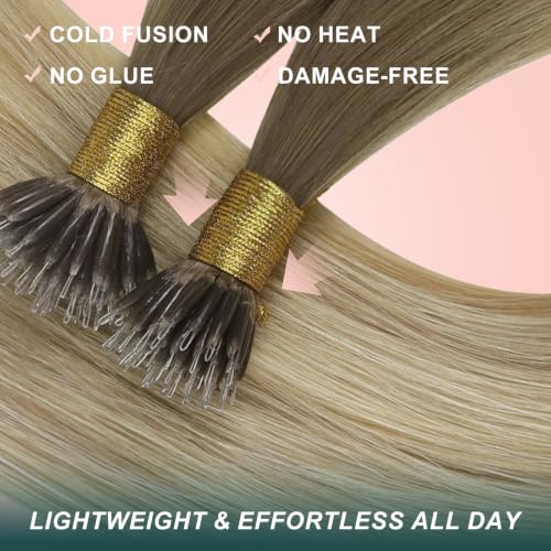 Image of Easyouth 20 Inch 50g Nano Bead Hair Extensions Ombre Nano Hair Extensions Human Hair Ash Blonde Ombre Light Brown with Blonde Balayage Nano Ring Hair Extension for Women Cold Fusion Hair