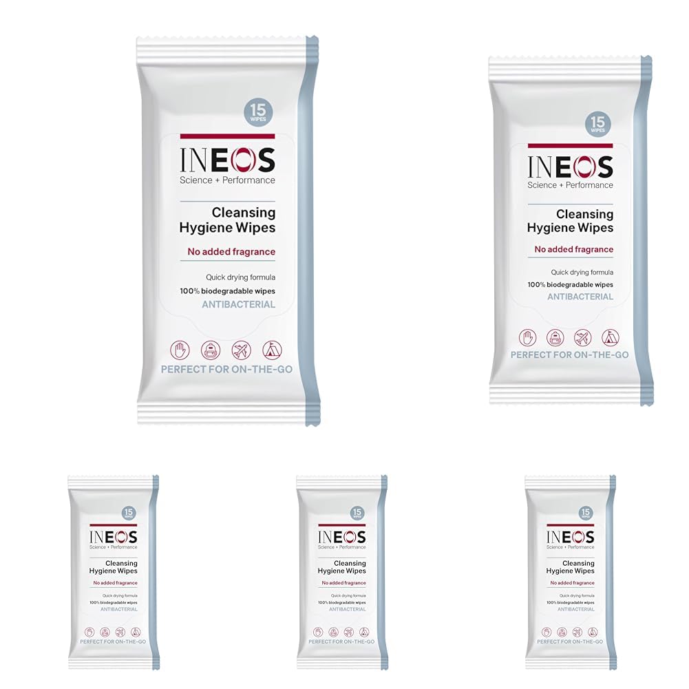 INEOSCleansing Hygiene Wipes x15, Fragrance Free, Antibacterial, Biodegradable, Perfect For On-The-Go, Packaging May Vary, Packaging May Vary (Pack of 5)