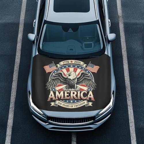 Image of Eagle American Flag Print Car Hood Cover Weather-Resistant Automotive Hood Covers Elastic Fabrics Car Bonnet Banner Outdoor Indoor Foldable Protective Cover