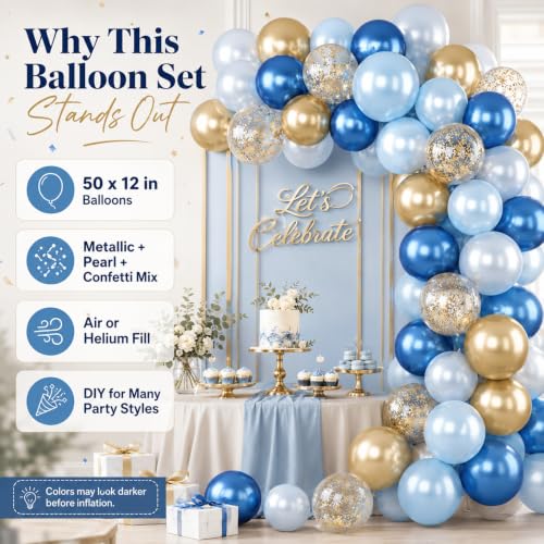 Image of Blue and Gold Balloon, 50 Packs 12 Inch Metallic Blue Pearl Double Stuffed Blue Balloons with Gold Confetti Ballons for Birthday Party Decorations Wedding Bridal Shower Baby Shower Graduate