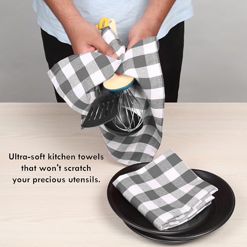 Image of Gingham Checked Kitchen Towels 12 Pack, 18 inchx26 inch, 100% Cotton, Absorbent Dish Towel for Kitchen Drying, Reusable Dishcloths Set for Cleaning, Quick Dry Wash Rags - Grey, White