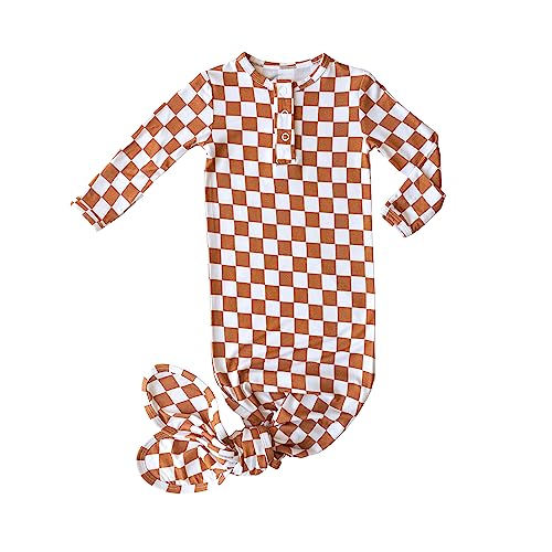 Image of UPTON AVE Checkered Knotted Gown Baby Newborn, Viscose derived from Bamboo, Infant Sleeper Mittens, Baby Girl, Baby Boy, Soft Fabric