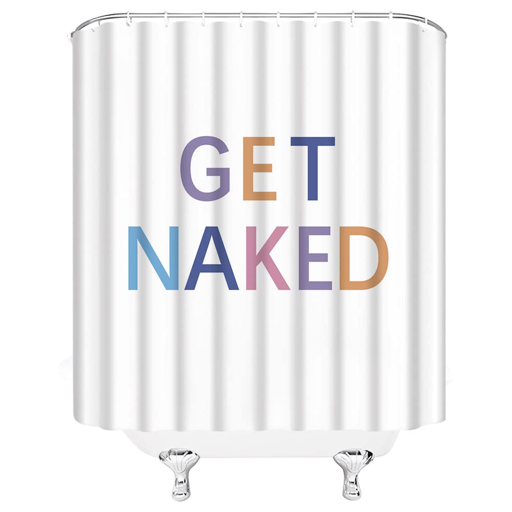 Duschvorhang 'Get Naked' – 183x183 Cm, Aus Polyester, Lustiger Spruch, Wasserfest, Inkl. 12 Haken, Weiß
