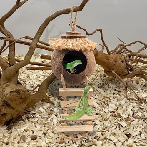 Image of Gecko Coconut Hideout with Ladder,Reptile Hammock Plants Vines Jungle Terrarium Decor Tank Accessories for Crested Geckos,Leopard Geckos,Lizard,Snakes,Tree Frogs