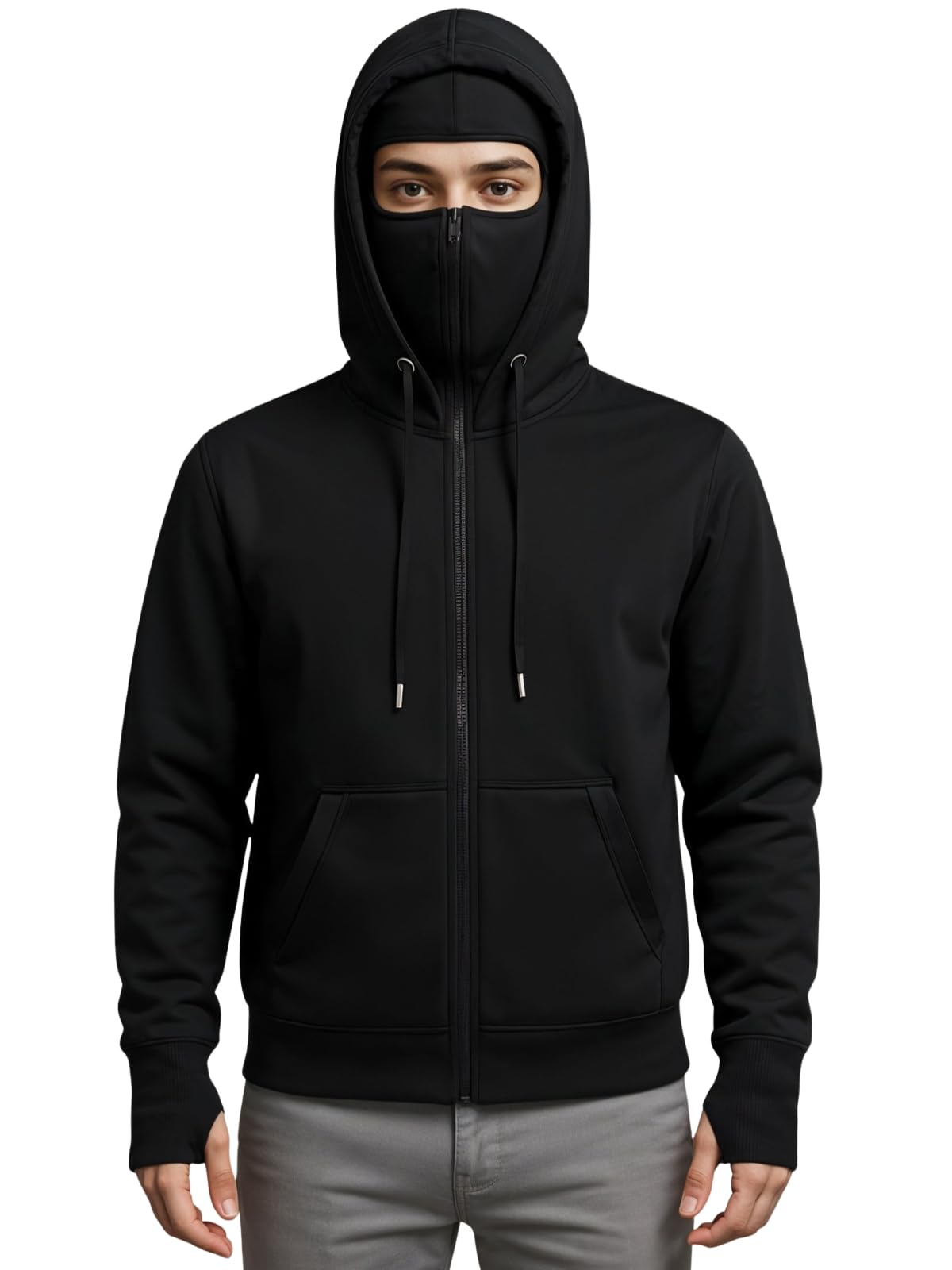 ADRO Cagoule pour homme, 320 g/m², coton doux, fermeture éclair, manchon avec trou pour le pouce, gants, veste de voyage avec capuche, sweat d'hiver