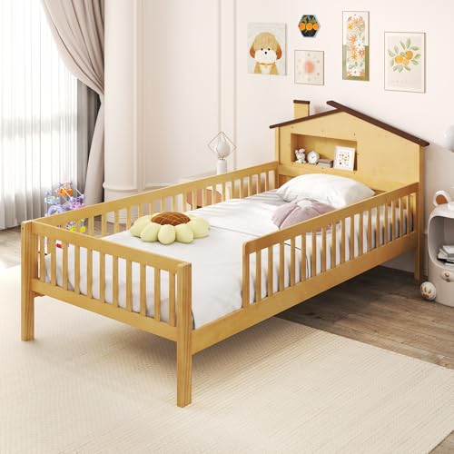 Giantex Twin Kids Bed Frame, Solid Wood Montessori Bed with Guardrails & House-Shaped Headboard,...