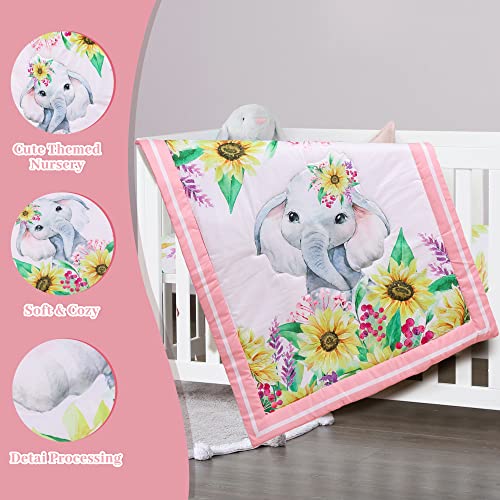Image of Cloele Crib Bedding Set for Baby Girls, Pink, 3 Piece,Elephant Sunflower | Includes Crib Skirt, Quilt, Fitted Sheet, Sunflower Pattern, Soft Nursery Comforter Bedding Set