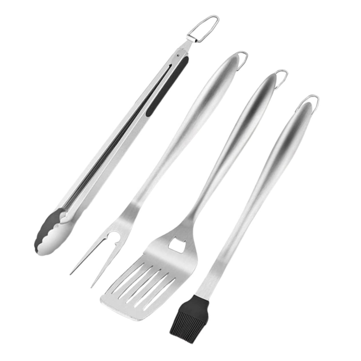 Set Utensili Barbecue in Acciaio Inox Professionale | Argento, Leggero e Riutilizzabile, Pinza Multiuso Forchetta e Spatola per Griglia