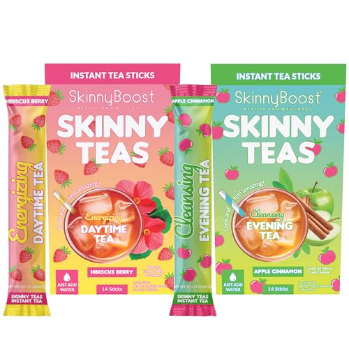 SkinnyBoost Skinny Teas Day & Night Kit Energizing Daytime Tea (Hibiscus Berry) + Cleansing Evening Tea (Apple Cinnamon) Energy + Digestive Support 28 Sticks Total