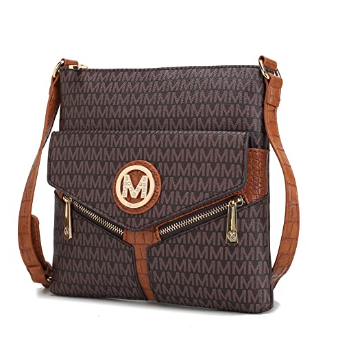 Bolsa transversal MKF para mulheres – Bolsa de couro PU bolsa carteiro com compartimento triplo – alça de ombro, Cecilia Brown