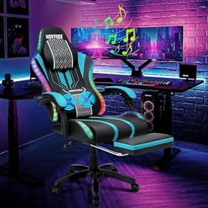 HOFFREE LED Gaming Chair with Speakers Massage Big and Tall Computer Gaming Chairs Ergonomic Reclining Heavy Duty Game Chair with Footrest Blue and Black