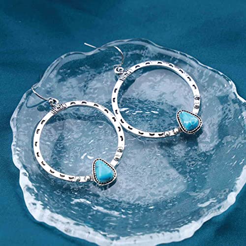 Boho Turquoise Circle Dangle Earrings Silver Large Circle Drop Earrings Turquoise Bead Dangling Earrings Geometric Circular Hoop Hook Earrings for Women4