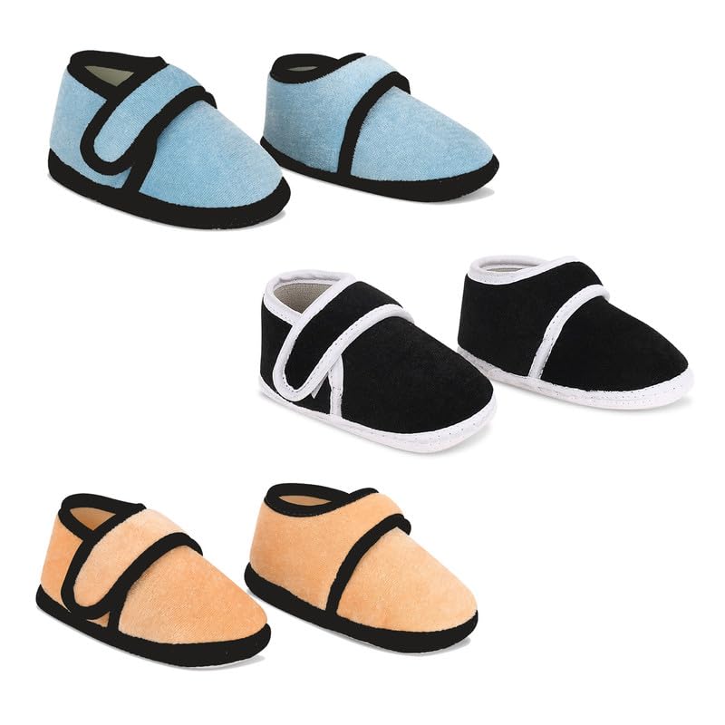 new born baby casual solid velcro closure velvet booties | first walking shoes | breathable and anti-slip booties for 0-9 months baby girl & boy - pack of 3