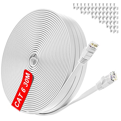 30m LAN Kabel Weiß Flach, CAT 6 30 meter Netzwerkkabel Hochgeschwindigkeits 10000Mbit/s Gigabit Ethernet-Kabel Cat.5e Cat.6 Cat.7 RJ45 Internet Patchkabel für PC PS5 Xbox Switch Modem Cover