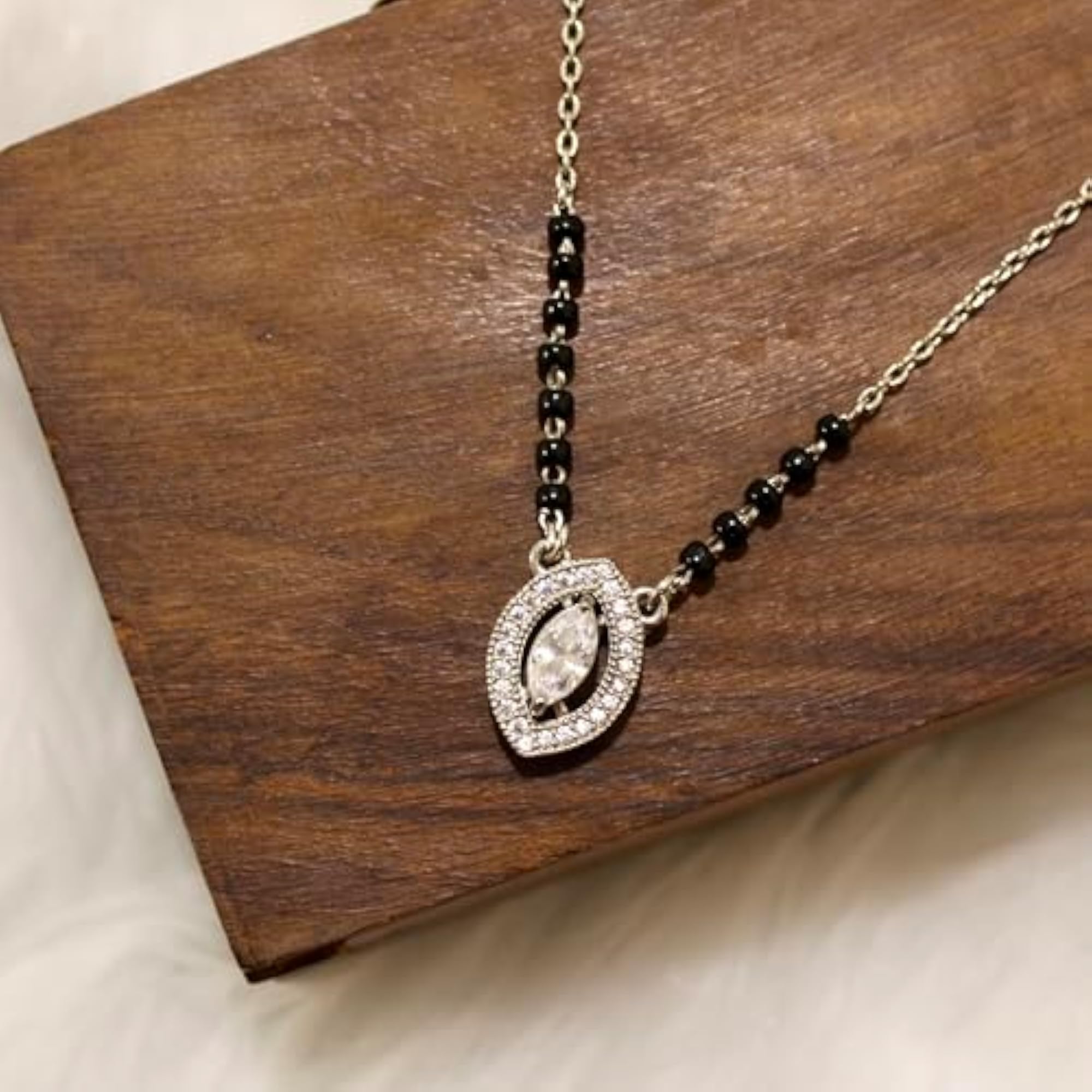 Women's Marquise Shape Silver Mangalsutra, Leaf Design Pendant