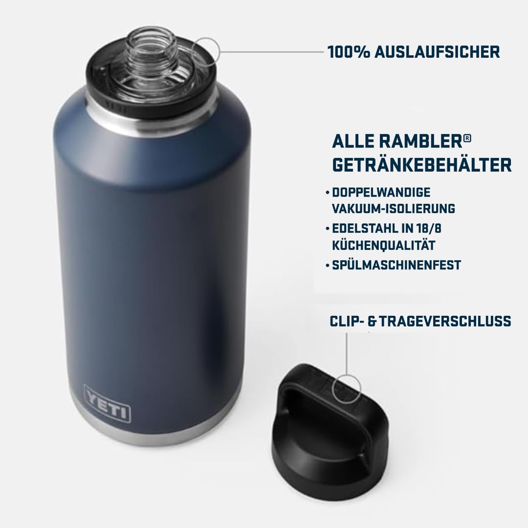 YETI Rambler Trinkflasche 64 oz (1,9 L) Weiss – Edelstahl Trinkflasche, Wasserflasche Sport mit Chug–Verschluss, isolierte Sportflasche