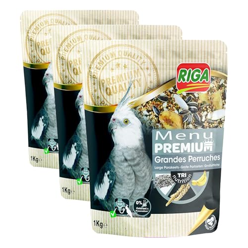 Riga - Menú Premium para Cotorras - Mezcla de Semillas, Cereales y Proteínas Vegetales - Concepto Tri-Nutricional - Ayuda al Funcionamiento Intestinal Óptimo - 1 kg (Paquete de 3)