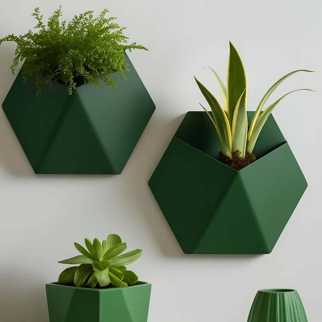 Wall-Mounted Geometric Plant Pot – Modern Indoor/Outdoor Planter (2, Matt Dark Green)