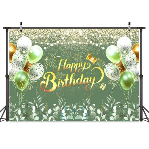 Image of Greenery Sage Green Happy Birthday Banner Backdrop Decorations Eucalyptus Leaves Women Birthday Banner Green Glitter Ballon Background Party Decoration Cake Table Banner Supplies 72x44 inch