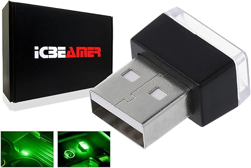 ICBEAMER - Color verde, Interfaz USB universal Plug-in luz de noche LED miniatura, para coche, interior, cajuela, atmósfera, ambiente