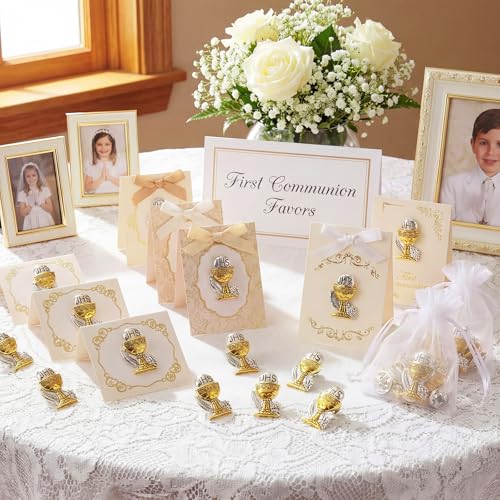Image of Hoteam 50 Pcs First Communion Enamel Lapel Pins Bulk Chalice with Grapes and Wheat Gold Plated Religious Pins Gifts for First Holy Communion Catholic Baptism Christian Memorial Favors