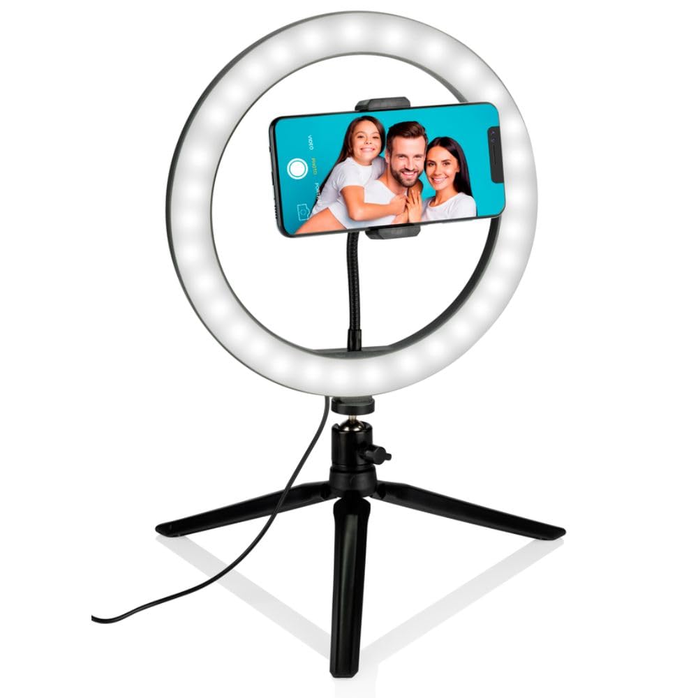 Grundig Lampa pierścieniowa na statywie – pierścień do selfie – średnica 25 cm – 3 kolory światła – 11 poziomów jasności – elastyczna szyjka – obsługa za pomocą kabla – ładowanie przez USB – uchwyt na