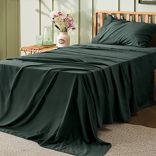 Image of Bedsure Twin Sheets Set - 3 Pieces Soft Twin Bed Sheets - Breathable & Cooling - Hotel Luxury - Easy Care Polyester Microfiber Bedding for Women, Men, Dark Green