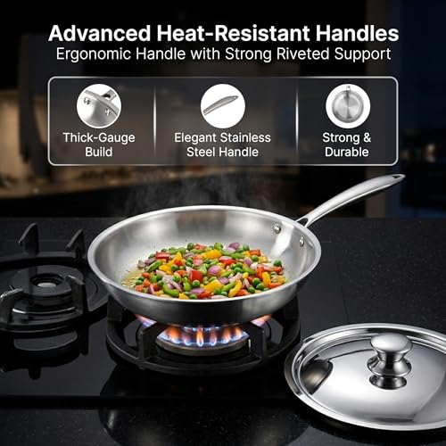 Image of AGARO Regency 26 cm Triply Stainless Steel Fry Pan with Lid (2.3L), Induction & Gas Compatible, ensures Even Heat, Non-Toxic with no Chemical Coating, Dishwasher Safe-Ideal for stir-Fry & saute.