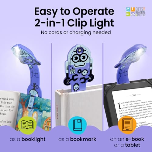 Image of Gifts for Readers & Writers Book Light for Kids, Clip On Reading Light for Bed, 2in1 Flexilight Pals & Bookmark, Small & Lightweight with a Soft Glow, 2 Batteries Included, Robot Purple