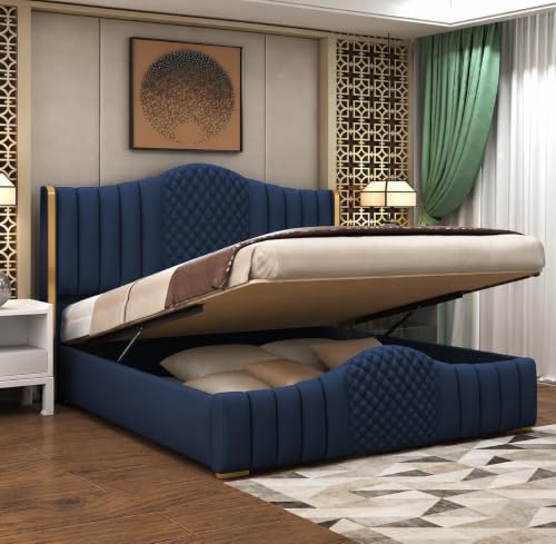 Image of Aesthetic crafts Hydraulic Bed Queen Size with Storage, Sheesham Wood Upholstered Wooden Double Bed, Queen Size Bed with Hydraulic Storage, Modern Platform Cot for Bedroom & Hotels, 6.5 x 5 Ft, Navy